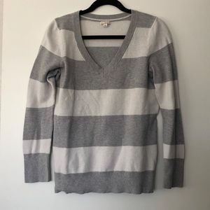 Grey and white striped crew neck sweater